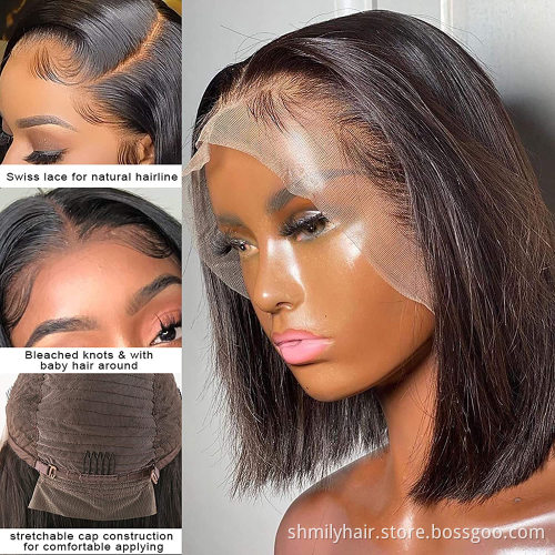 Fashion Design 8 Inch Cambodian Human Hair Lace Front Closure Short Bob Wig Wholesale Straight Human Hair Bob Cambodian Wigs
